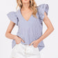 Ces Femme Striped V-Neck Ruffled Cap Sleeve Blouse