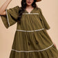 Annie Wear Tassel Contrast Trim Tie Neck Half Sleeve Tiered Dress